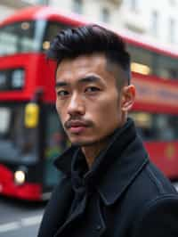 man in London with Double Decker Bus in background