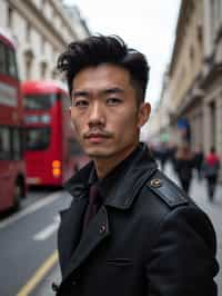 man in London with Double Decker Bus in background