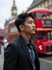 man in London with Double Decker Bus in background