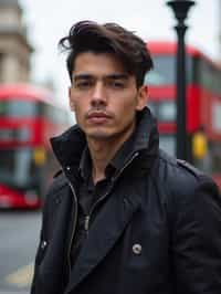 man in London with Double Decker Bus in background