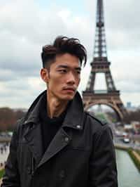 man in Paris with the Eiffel Tower in background