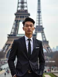 man in Paris with the Eiffel Tower in background