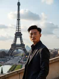 man in Paris with the Eiffel Tower in background