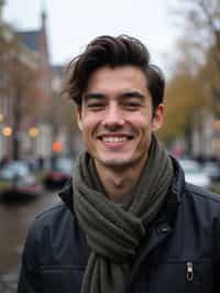 man in Amsterdam with the Amsterdam Canals in background