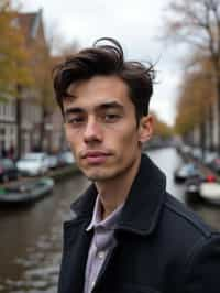 man in Amsterdam with the Amsterdam Canals in background