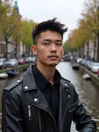 man in Amsterdam with the Amsterdam Canals in background