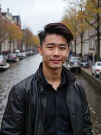 man in Amsterdam with the Amsterdam Canals in background