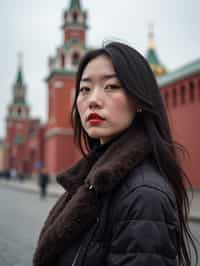 woman in Moscow with the Kremlin in the background