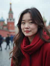 woman in Moscow with the Kremlin in the background