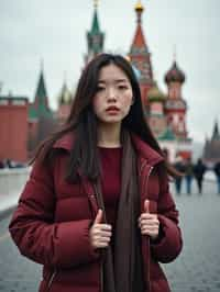 woman in Moscow with the Kremlin in the background