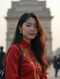 woman in Delhi with the India Gate in the background