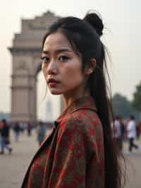 woman in Delhi with the India Gate in the background