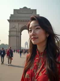 woman in Delhi with the India Gate in the background