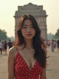 woman in Delhi with the India Gate in the background