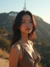 woman in Los Angeles with the Hollywood sign in the background