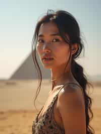 woman in Cairo with the Pyramids of Giza in the background