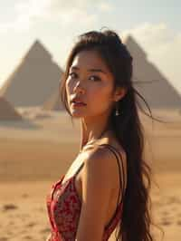 woman in Cairo with the Pyramids of Giza in the background