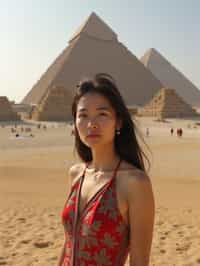 woman in Cairo with the Pyramids of Giza in the background