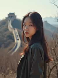 woman in Beijing with the Great Wall in the background