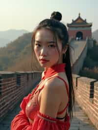 woman in Beijing with the Great Wall in the background