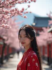 woman in Japan with Japanese Cherry Blossom Trees and Japanese temples in background