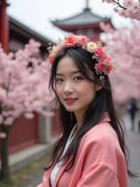 woman in Japan with Japanese Cherry Blossom Trees and Japanese temples in background