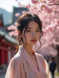 woman in Japan with Japanese Cherry Blossom Trees and Japanese temples in background