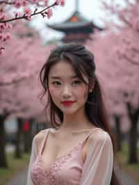 woman in Japan with Japanese Cherry Blossom Trees and Japanese temples in background