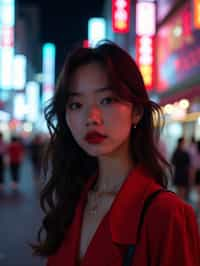 woman in Tokyo at night with neon lights