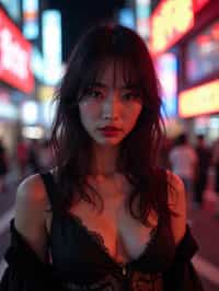 woman in Tokyo at night with neon lights