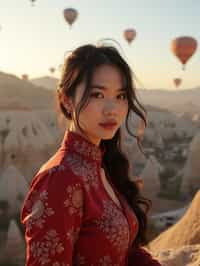 Breathtakingly woman with hot air balloons in the background in cappadocia, Türkiye. Cappadocia, Turkey