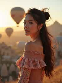 Breathtakingly woman with hot air balloons in the background in cappadocia, Türkiye. Cappadocia, Turkey