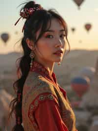 Breathtakingly woman with hot air balloons in the background in cappadocia, Türkiye. Cappadocia, Turkey