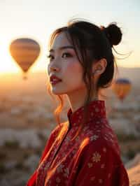 Breathtakingly woman with hot air balloons in the background in cappadocia, Türkiye. Cappadocia, Turkey