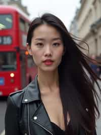 woman in London with Double Decker Bus in background