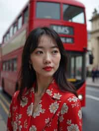 woman in London with Double Decker Bus in background