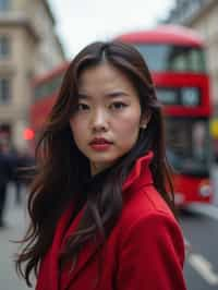 woman in London with Double Decker Bus in background