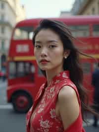 woman in London with Double Decker Bus in background