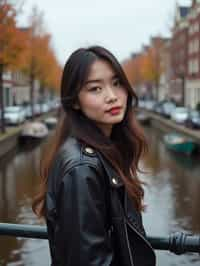 woman in Amsterdam with the Amsterdam Canals in background