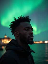 man in Reykjavik with the Northern Lights in the background