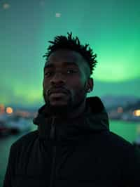 man in Reykjavik with the Northern Lights in the background