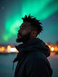 man in Reykjavik with the Northern Lights in the background