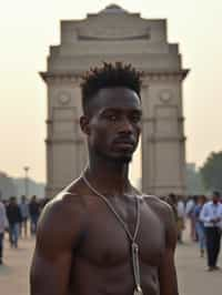 man in Delhi with the India Gate in the background