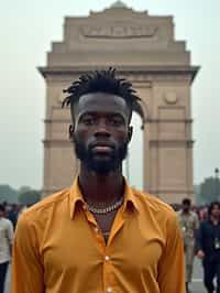 man in Delhi with the India Gate in the background