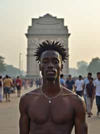 man in Delhi with the India Gate in the background