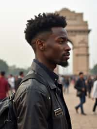 man in Delhi with the India Gate in the background