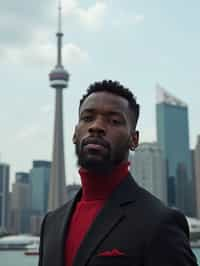 man in Toronto with the CN Tower in the background