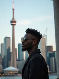 man in Toronto with the CN Tower in the background