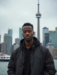 man in Toronto with the CN Tower in the background