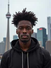 man in Toronto with the CN Tower in the background